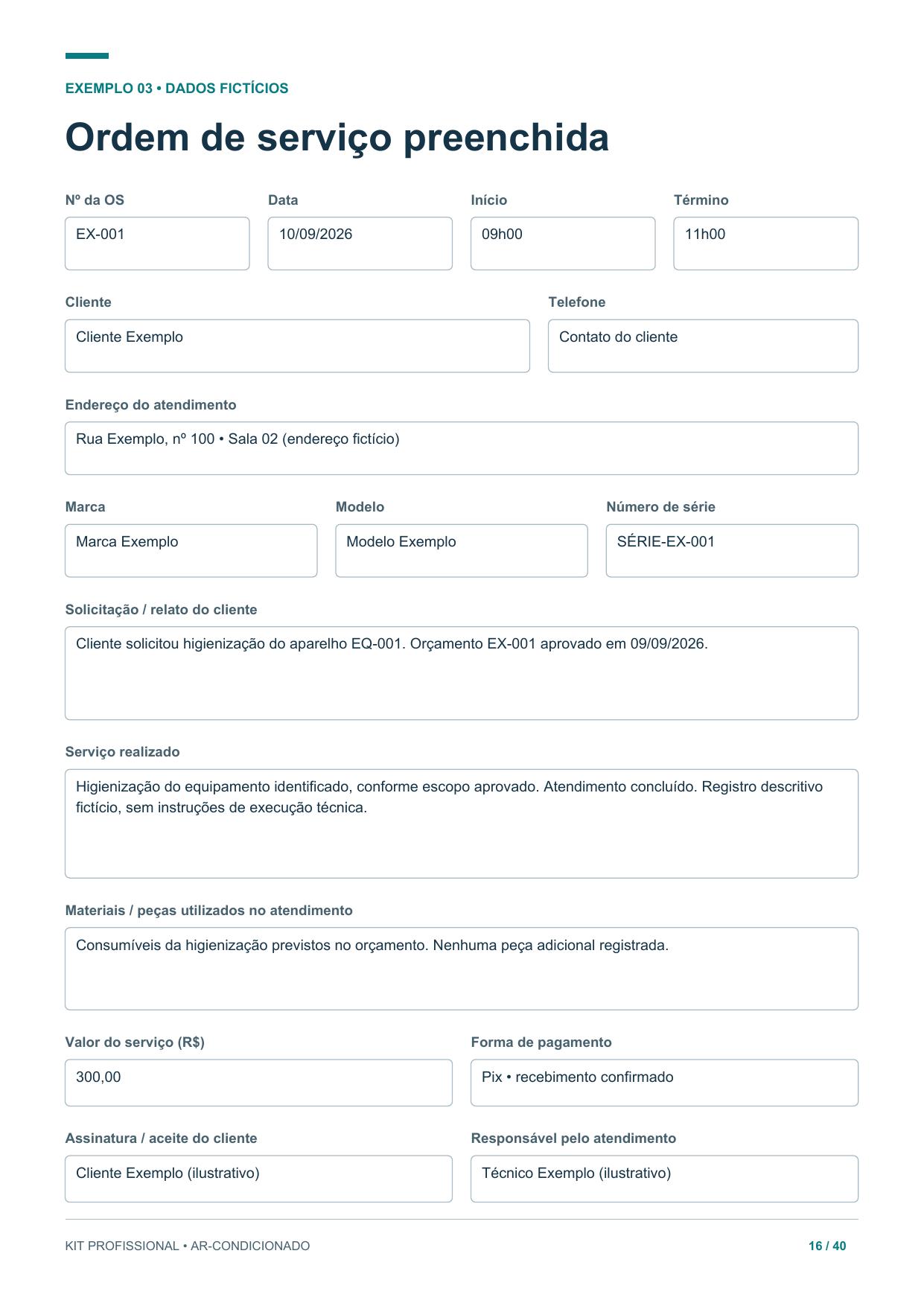 Página do kit com uma ordem de serviço preenchida, com dados fictícios.